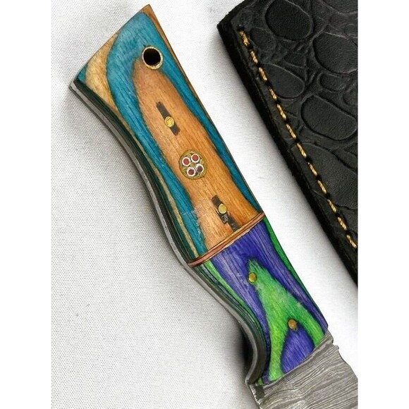 Damascus Steel Fixed Blade Knife Custom Crafted Rustic Wood Handle Blue Green 9" - Picture 2 of 3